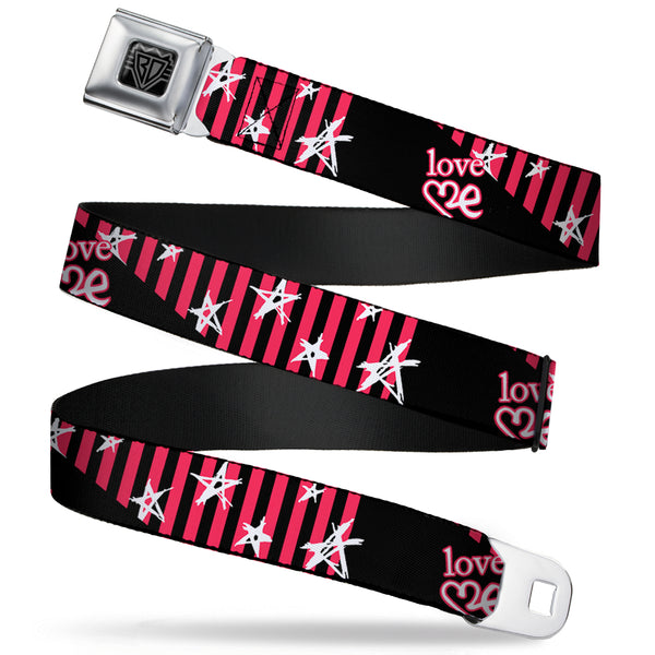 Buckle-Down BD Wings Logo CLOSE-UP Full Color Black Silver Seatbelt Belt - Love Me w/Sketch Stars & Stripes Black/Fuchsia/White Webbing