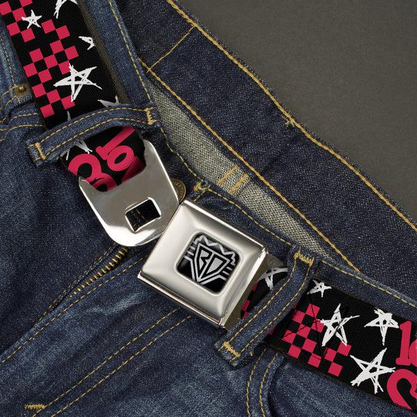Buckle-Down BD Wings Logo CLOSE-UP Full Color Black Silver Seatbelt Belt - Love Me W/Sketch Stars & Checkers Black/Fuchsia/White Webbing