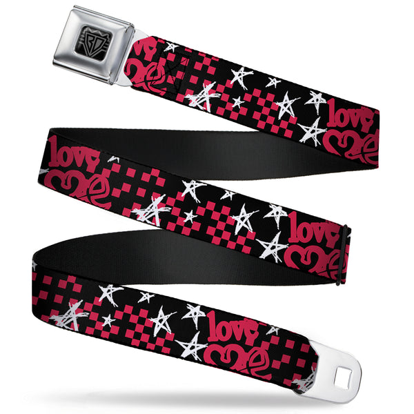 Buckle-Down BD Wings Logo CLOSE-UP Full Color Black Silver Seatbelt Belt - Love Me w/Sketch Stars & Checkers Black/Fuchsia/White Webbing