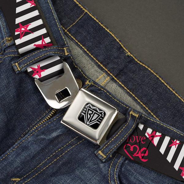 Buckle-Down BD Wings Logo CLOSE-UP Full Color Black Silver Seatbelt Belt - Love Me W/Sketch Stars & Stripes Black/White/Fuchsia Webbing