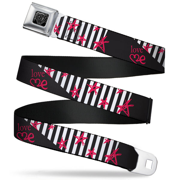 Buckle-Down BD Wings Logo CLOSE-UP Full Color Black Silver Seatbelt Belt - Love Me w/Sketch Stars & Stripes Black/White/Fuchsia Webbing