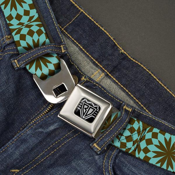 Buckle-Down BD Wings Logo CLOSE-UP Full Color Black Silver Seatbelt Belt - Kaleidoscope Balls Turquoise/Brown Webbing