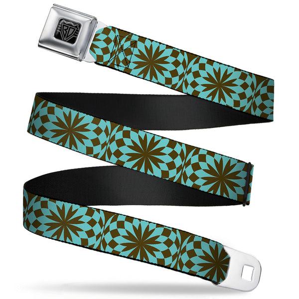 Buckle-Down BD Wings Logo CLOSE-UP Full Color Black Silver Seatbelt Belt - Kaleidoscope Balls Turquoise/Brown Webbing