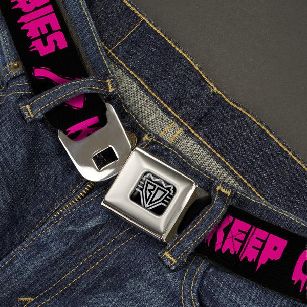 Buckle-Down BD Wings Logo CLOSE-UP Full Color Black Silver Seatbelt Belt - KEEP CALM AND KILL ZOMBIES Black/Pink Webbing