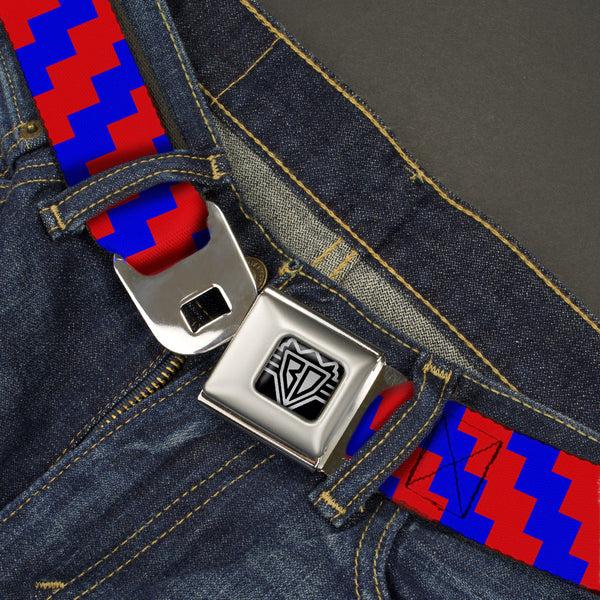 Buckle-Down BD Wings Logo CLOSE-UP Full Color Black Silver Seatbelt Belt - Jagged Steps Stripe Red/Blue Webbing