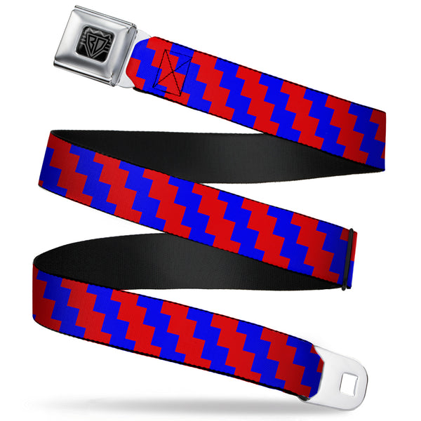 Buckle-Down BD Wings Logo CLOSE-UP Full Color Black Silver Seatbelt Belt - Jagged Steps Stripe Red/Blue Webbing