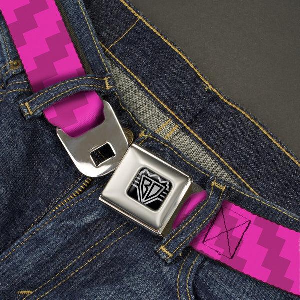 Buckle-Down BD Wings Logo CLOSE-UP Full Color Black Silver Seatbelt Belt - Jagged Steps Stripe Pinks Webbing
