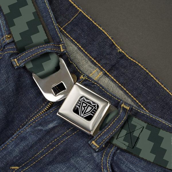 Buckle-Down BD Wings Logo CLOSE-UP Full Color Black Silver Seatbelt Belt - Jagged Steps Stripe Grays Webbing
