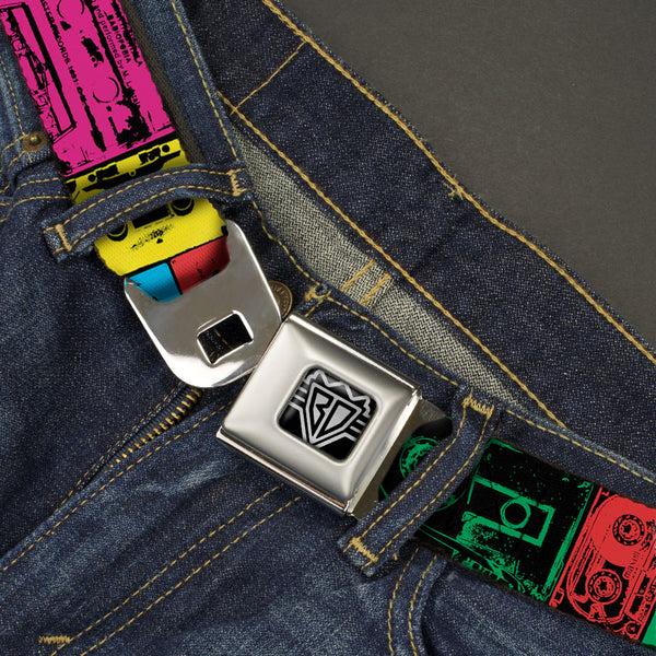 Buckle-Down BD Wings Logo CLOSE-UP Full Color Black Silver Seatbelt Belt - Jagged Steps Stripe Greens Webbing