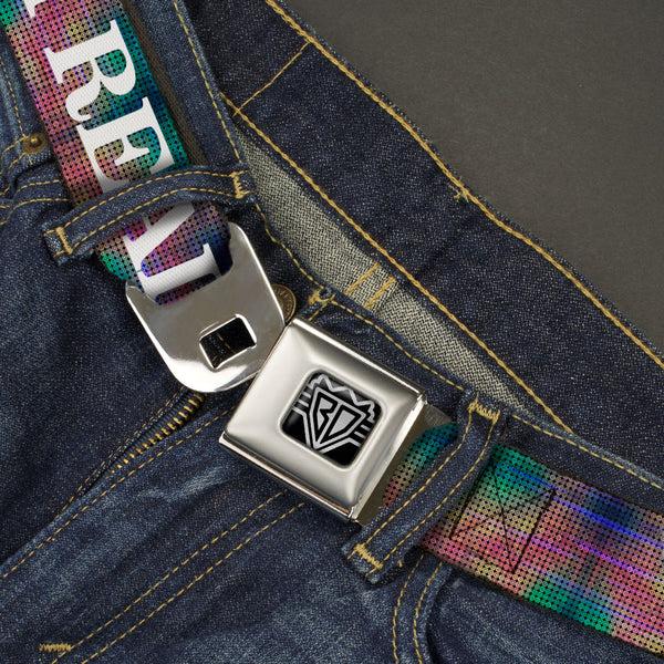 Buckle-Down BD Wings Logo CLOSE-UP Full Color Black Silver Seatbelt Belt - I'M REALLY A MERMAID Multi Color Iridescence/White Webbing