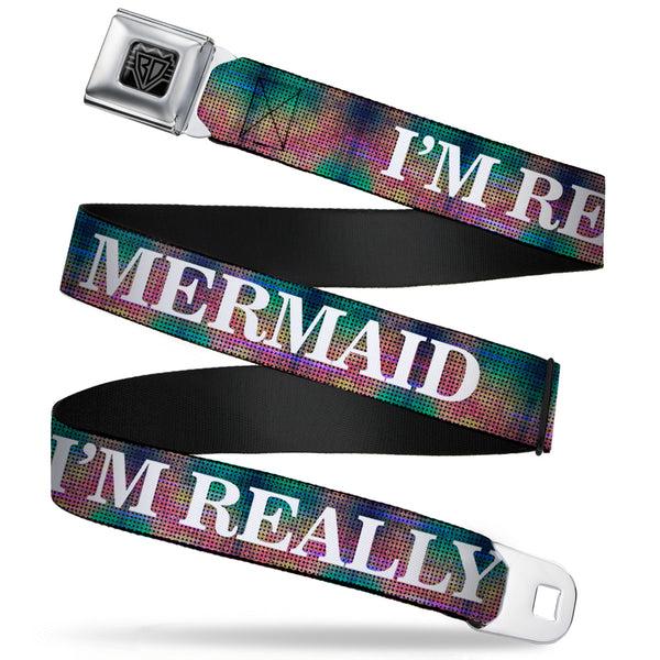 Buckle-Down BD Wings Logo CLOSE-UP Full Color Black Silver Seatbelt Belt - I'M REALLY A MERMAID Multi Color Iridescence/White Webbing
