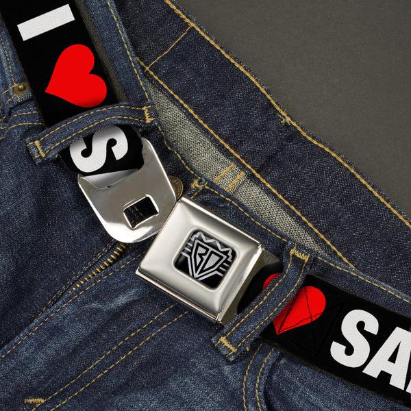 Buckle-Down BD Wings Logo CLOSE-UP Full Color Black Silver Seatbelt Belt - I "HEART" SAN FRANCISCO Black/White/Red Webbing