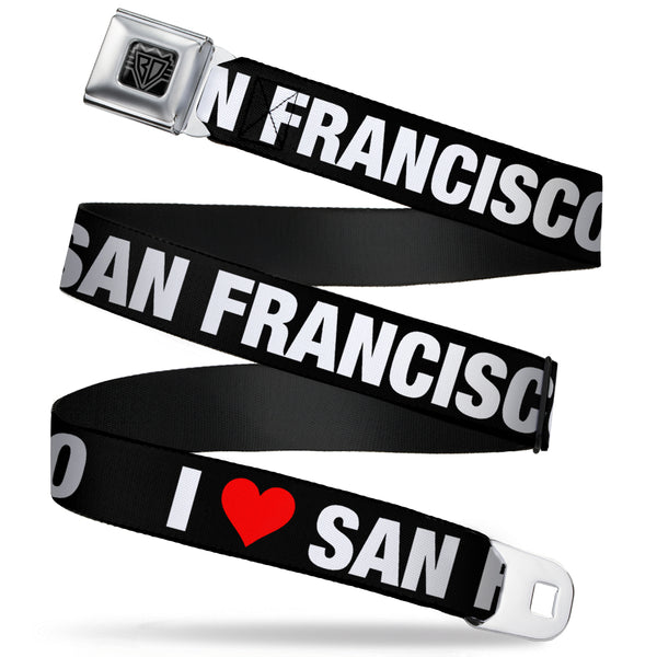 Buckle-Down BD Wings Logo CLOSE-UP Full Color Black Silver Seatbelt Belt - I "HEART" SAN FRANCISCO Black/White/Red Webbing