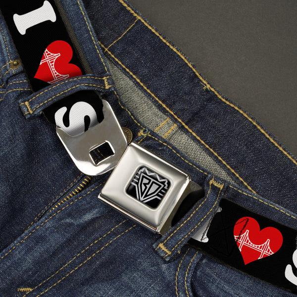 Buckle-Down BD Wings Logo CLOSE-UP Full Color Black Silver Seatbelt Belt - I "HEART BRIDGE" SF Black/White/Red Webbing