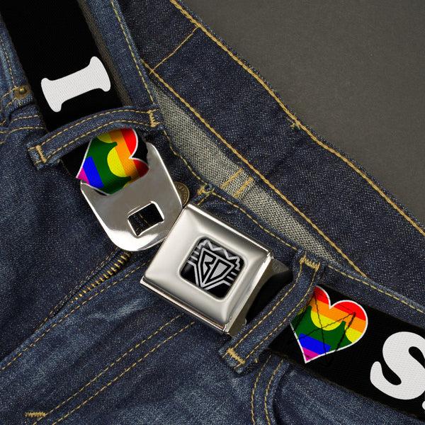 Buckle-Down BD Wings Logo CLOSE-UP Full Color Black Silver Seatbelt Belt - I "HEART BRIDGE" SF Black/White/Rainbow Webbing
