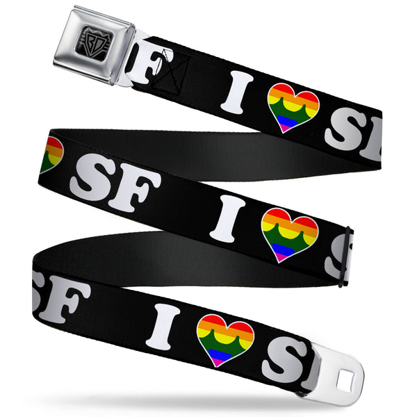 Buckle-Down BD Wings Logo CLOSE-UP Full Color Black Silver Seatbelt Belt - I "HEART BRIDGE" SF Black/White/Rainbow Webbing