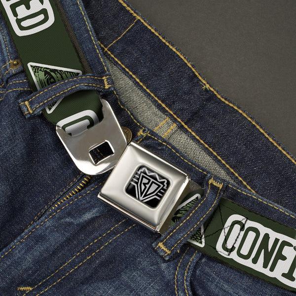 Buckle-Down BD Wings Logo CLOSE-UP Full Color Black Silver Seatbelt Belt - Illuminati CONFIRMED Greens/White Webbing