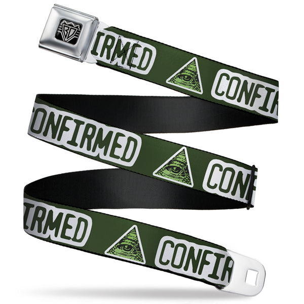 Buckle-Down BD Wings Logo CLOSE-UP Full Color Black Silver Seatbelt Belt - Illuminati CONFIRMED Greens/White Webbing