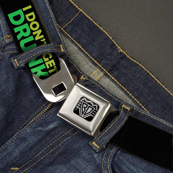 Buckle-Down BD Wings Logo CLOSE-UP Full Color Black Silver Seatbelt Belt - I DON'T GET DRINK I GET AWESOME Black/Multi Color Webbing