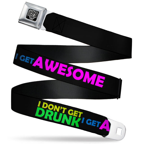 Buckle-Down BD Wings Logo CLOSE-UP Full Color Black Silver Seatbelt Belt - I DON'T GET DRINK I GET AWESOME Black/Multi Color Webbing