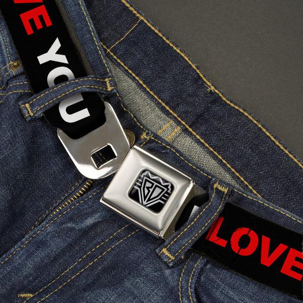 Buckle-Down BD Wings Logo CLOSE-UP Full Color Black Silver Seatbelt Belt - I LOVE YOU BUT I'VE CHOSEN DUBSTEP Black/White/Red Webbing