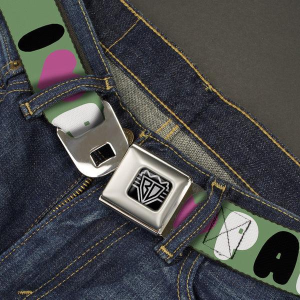 Buckle-Down BD Wings Logo CLOSE-UP Full Color Black Silver Seatbelt Belt - I "Heart" PANDAS Green/White/Black/Pink Webbing