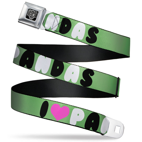 Buckle-Down BD Wings Logo CLOSE-UP Full Color Black Silver Seatbelt Belt - I "Heart" PANDAS Green/White/Black/Pink Webbing