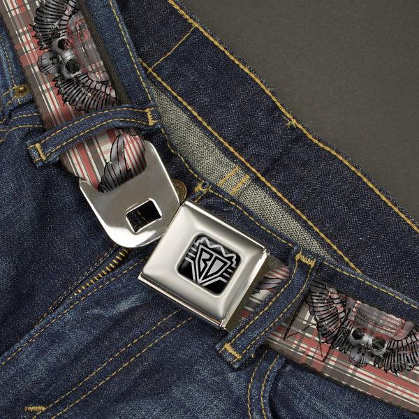 Buckle-Down BD Wings Logo CLOSE-UP Full Color Black Silver Seatbelt Belt - Irish Skulls/Plaid Webbing