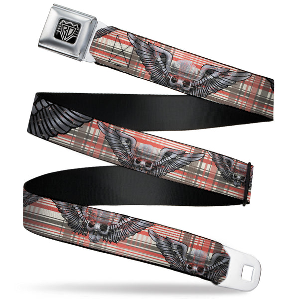 Buckle-Down BD Wings Logo CLOSE-UP Full Color Black Silver Seatbelt Belt - Irish Skulls/Plaid Webbing