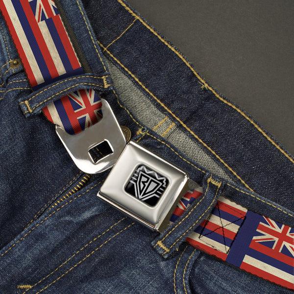 Buckle-Down BD Wings Logo CLOSE-UP Full Color Black Silver Seatbelt Belt - Hawaii Flags2/Navy Webbing