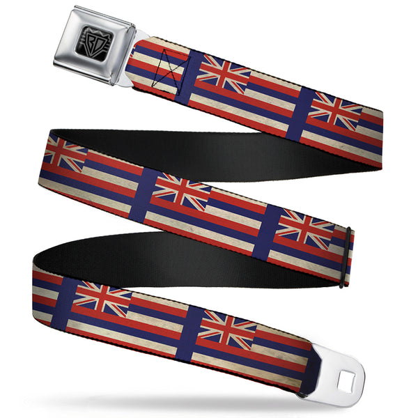 Buckle-Down BD Wings Logo CLOSE-UP Full Color Black Silver Seatbelt Belt - Hawaii Flags2/Navy Webbing