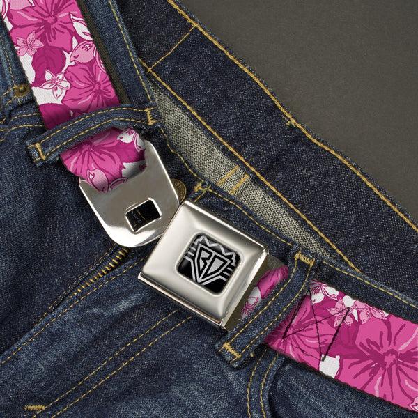Buckle-Down BD Wings Logo CLOSE-UP Full Color Black Silver Seatbelt Belt - Hibiscus Collage White/Pinks Webbing