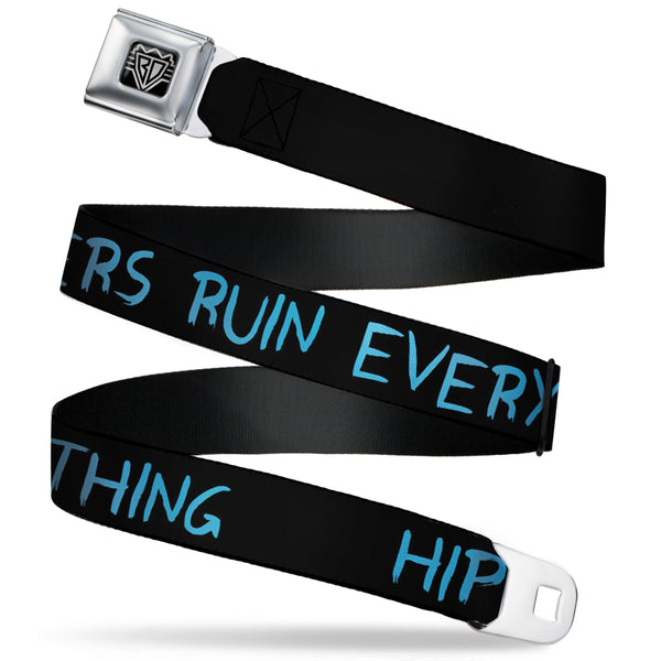 Buckle-Down BD Wings Logo CLOSE-UP Full Color Black Silver Seatbelt Belt - HIPSTERS RUIN EVERYTHING Black/Blue Webbing