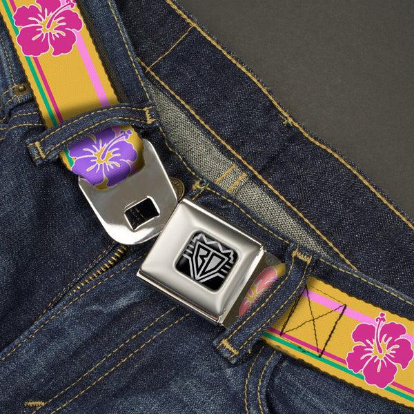 Buckle-Down BD Wings Logo CLOSE-UP Full Color Black Silver Seatbelt Belt - Hibiscus W/Stripes Gold/Multi Pastel Webbing