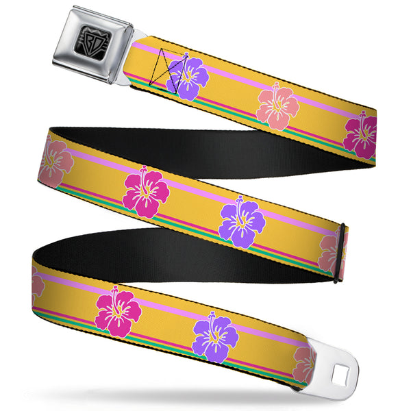 Buckle-Down BD Wings Logo CLOSE-UP Full Color Black Silver Seatbelt Belt - Hibiscus w/Stripes Gold/Multi Pastel Webbing