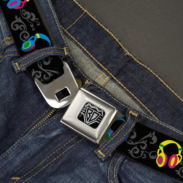 Buckle-Down BD Wings Logo CLOSE-UP Full Color Black Silver Seatbelt Belt - Headphones Curls Black/Gray/Neon Webbing