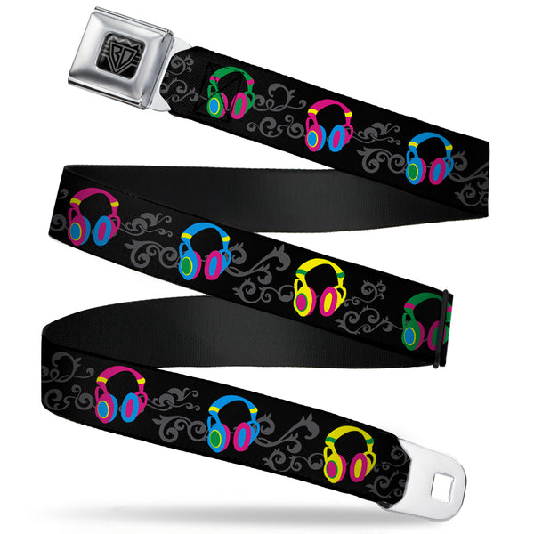 Buckle-Down BD Wings Logo CLOSE-UP Full Color Black Silver Seatbelt Belt - Headphones Curls Black/Gray/Neon Webbing