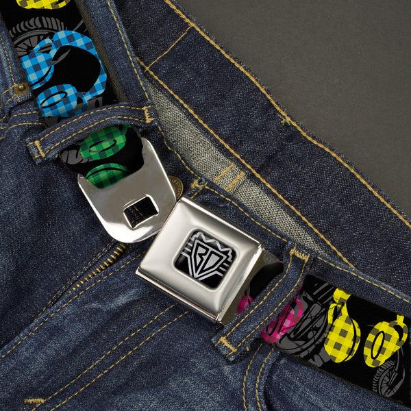 Buckle-Down BD Wings Logo CLOSE-UP Full Color Black Silver Seatbelt Belt - Headphones Buffalo Plaid Black/Neon Webbing