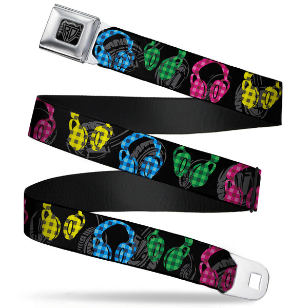 Buckle-Down BD Wings Logo CLOSE-UP Full Color Black Silver Seatbelt Belt - Headphones Buffalo Plaid Black/Neon Webbing