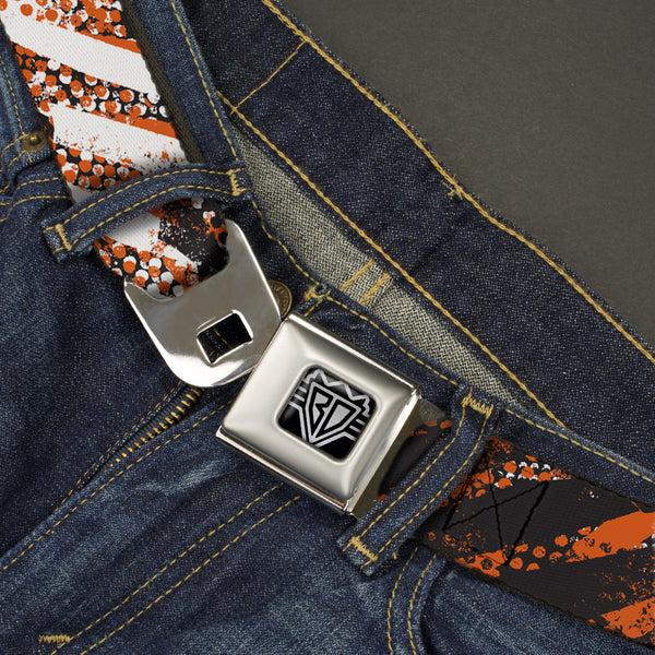 Buckle-Down BD Wings Logo CLOSE-UP Full Color Black Silver Seatbelt Belt - Grunge Tread Orange Webbing