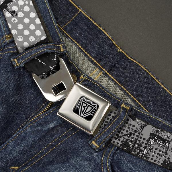 Buckle-Down BD Wings Logo CLOSE-UP Full Color Black Silver Seatbelt Belt - Grunge Checker Flag Black/White Webbing