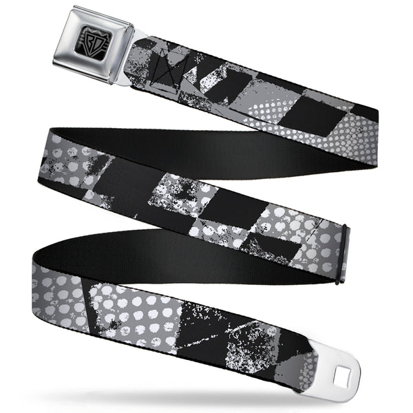 Buckle-Down BD Wings Logo CLOSE-UP Full Color Black Silver Seatbelt Belt - Grunge Checker Flag Black/White Webbing