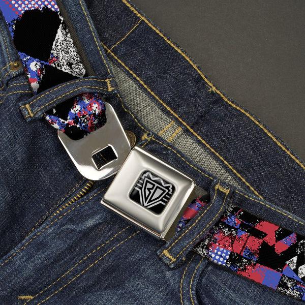 Buckle-Down BD Wings Logo CLOSE-UP Full Color Black Silver Seatbelt Belt - Grunge Checker Flag Blue/Red Webbing