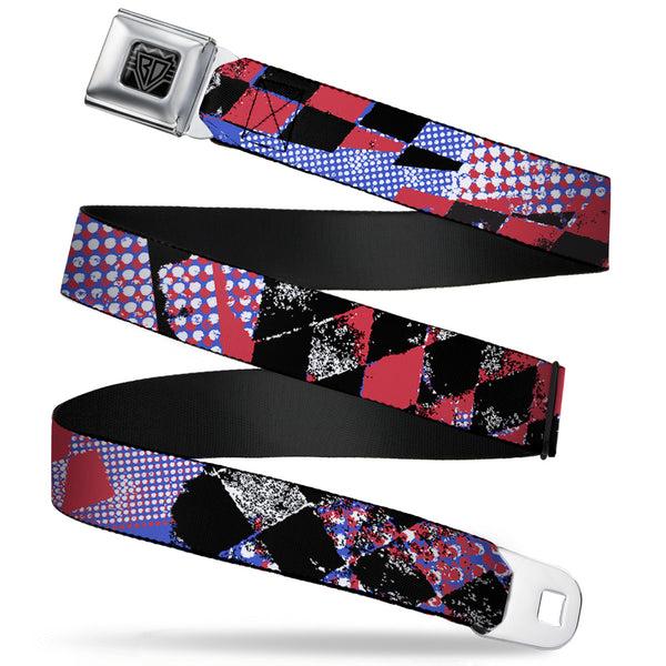 Buckle-Down BD Wings Logo CLOSE-UP Full Color Black Silver Seatbelt Belt - Grunge Checker Flag Blue/Red Webbing