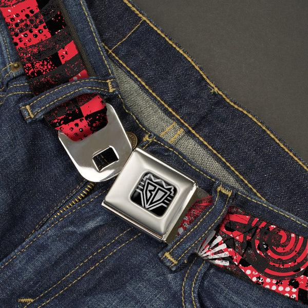 Buckle-Down BD Wings Logo CLOSE-UP Full Color Black Silver Seatbelt Belt - Grunge Chaos Red Webbing
