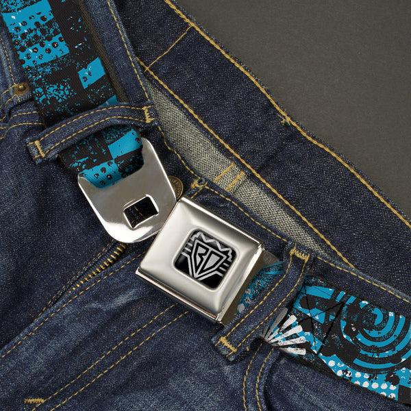 Buckle-Down BD Wings Logo CLOSE-UP Full Color Black Silver Seatbelt Belt - Grunge Chaos Blue Webbing