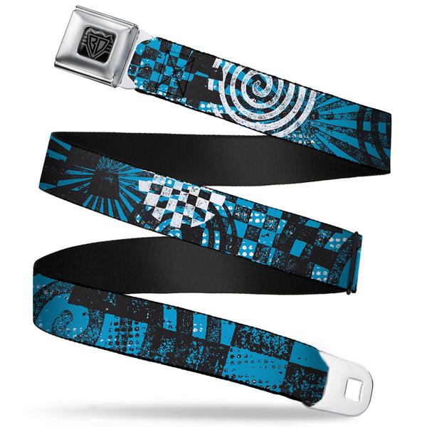 Buckle-Down BD Wings Logo CLOSE-UP Full Color Black Silver Seatbelt Belt - Grunge Chaos Blue Webbing