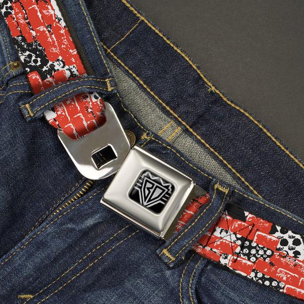 Buckle-Down BD Wings Logo CLOSE-UP Full Color Black Silver Seatbelt Belt - Grunge Bricks Orange Webbing