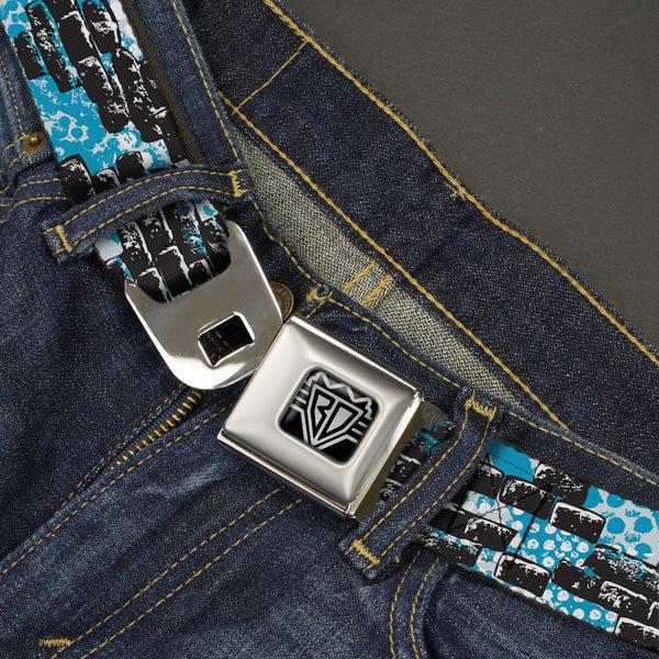 Buckle-Down BD Wings Logo CLOSE-UP Full Color Black Silver Seatbelt Belt - Grunge Bricks Blue Webbing