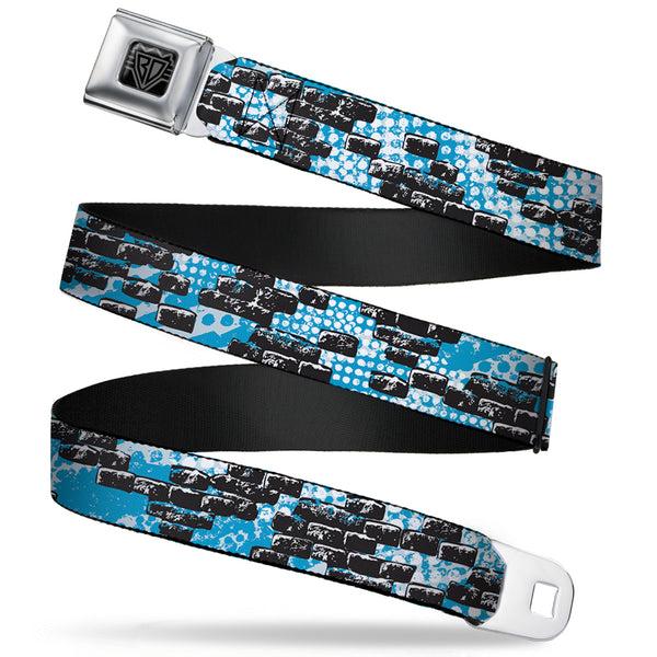 Buckle-Down BD Wings Logo CLOSE-UP Full Color Black Silver Seatbelt Belt - Grunge Bricks Blue Webbing